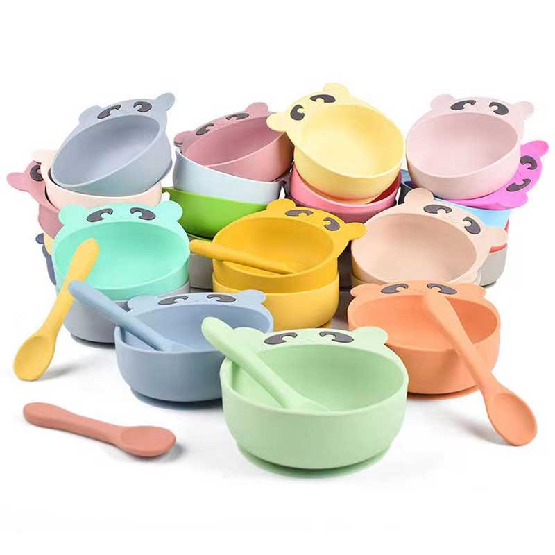 Juego de alimentación para bebés Tazón de silicona Spoon Fork paraniños pequeños Lindo juego de tazón de silicio animal